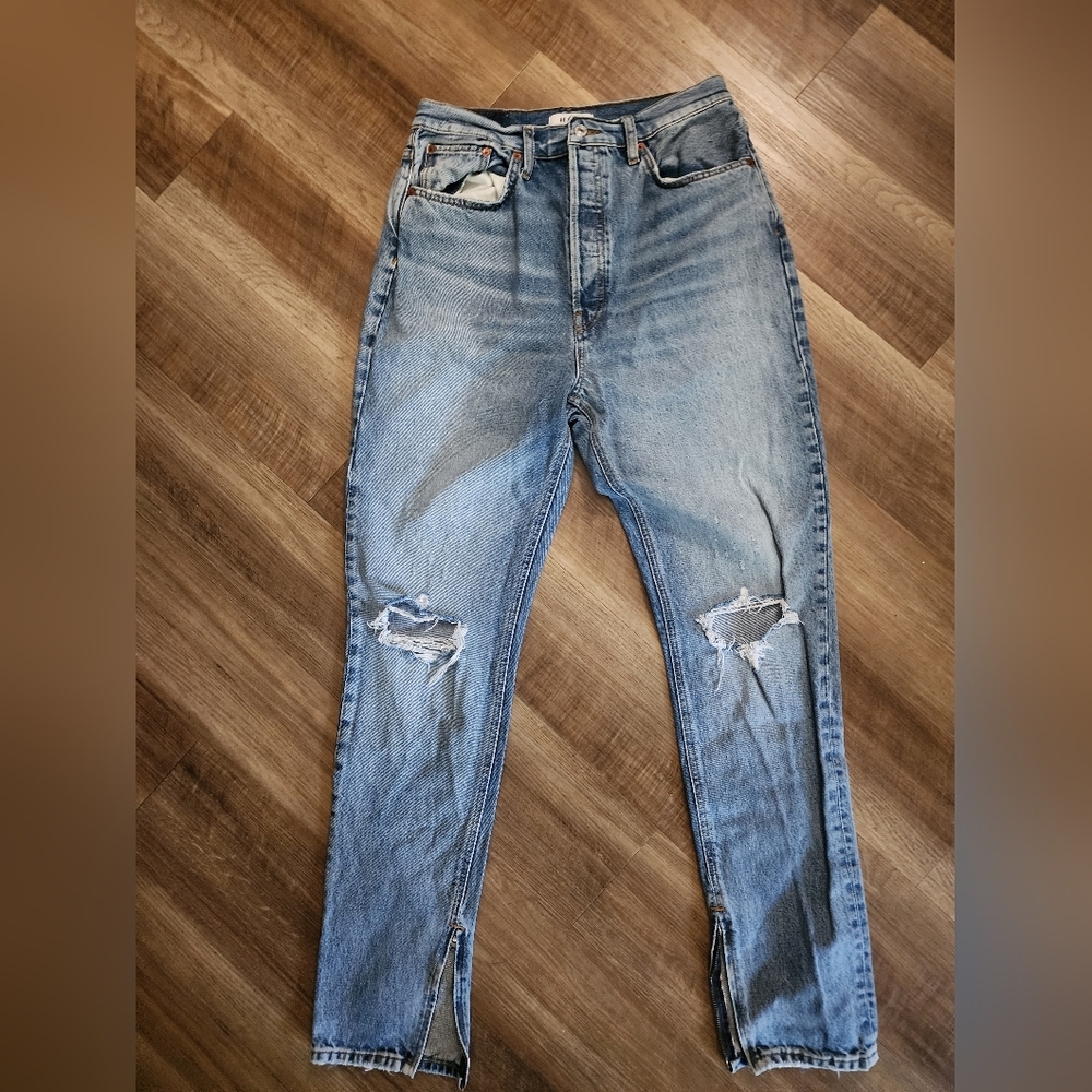 Re/Done High Rise Distressed Blue Jeans Vintage Wash Denim